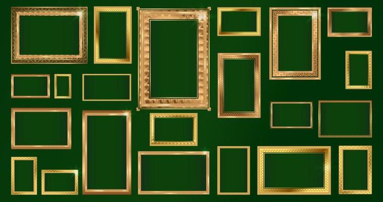 Empty painting or picture frame with golden engraved and carved Thai wooden borders. Set of decorative retro ornamental detailed picture frames. Old classic vector baroque golden frames collection.