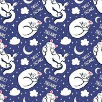 sweet dreams seamless pattern with cute sleeping cats. Night vector background for textiles, clothes, wrapping paper