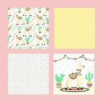 Cute llama with cactus and ethnic design elements and seamless patterns. vector illustration