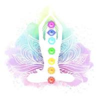 mujer sentada en posición de loto. meditación, aura y chakras. ilustración vectorial vector