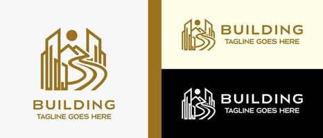 building, highway, mountain and sun or moon design logo template in luxury lines. creative logo for building, construction, hotel, apartment, architect or housing. vector illustration