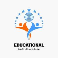 símbolo del logotipo para la educación. icono de dos personas, goble o tierra y estrellas. plantilla de logotipo de vector de educación.