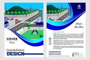 plantillas de folletos, volantes, folletos, diseños de portada, plantillas de ilustración vectorial en tamaño a4. folleto para negocios. folleto azul en patrón de onda con edificio y montaña isométrica vector