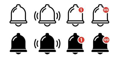 Notification bell icon set. Ringing bell and notification for clock and smartphone. Isolated vector illustration.