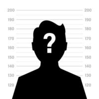 Front view of the suspect silhouette. Silhouette of anonymous man with question mark in background of criminal record or police serial. vector illustration