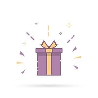 Surprise purple color gift box. Holiday gift box tied with ribbon. Isolated vector illustration