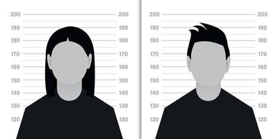 Front view of the suspect silhouette. Silhouette of anonymous man and woman with question mark on background of criminal record or police serial. vector illustration