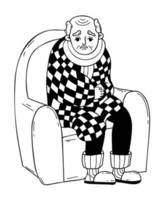 Cold, sick pensioner, an old man wrapped in blanket, sits in an armchair. Vector illustration in doodle style. Male elderly man character concept of cold season, colds and treatment.