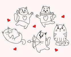 Collection funny cats in love. Cute pets with cupids heart and arrow. Vector illustration in doodle style. Isolated Outline drawings for design, decor, print, valentines card.