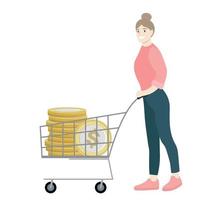 Girl with a grocery cart in which a stack of gold coins with a dollar sign, flat vector, isolate on white vector