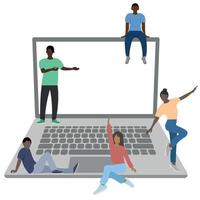 chicas y chicos negros en el fondo de una enorme laptop, programadores, aislados en blanco, vector plano, ilustración sin rostro, trabajo en equipo de programadores