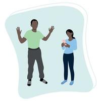 Dad scolds his daughter, who is standing next to the phone in her hands, raising teenagers, flat vector, isolate on white, dark-skinned family vector