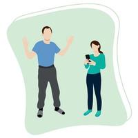 Dad scolds his daughter, who is standing next to the phone in her hands, parenting teenagers, flat vector, isolate on white vector