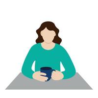 Portrait of a girl with a cup in her hands at the table, flat vector, isolate on white, faceless illustration vector