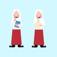 conjunto de personajes de estudiantes de primaria hiyab indonesio vector