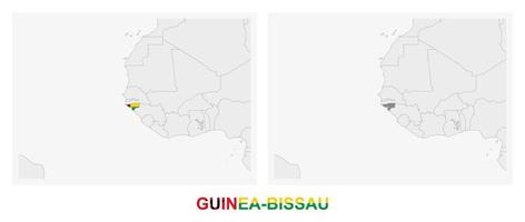 Two versions of the map of Guinea-Bissau, with the flag of Guinea-Bissau and highlighted in dark grey. vector