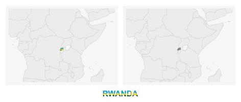 Two versions of the map of Rwanda, with the flag of Rwanda and highlighted in dark grey. vector