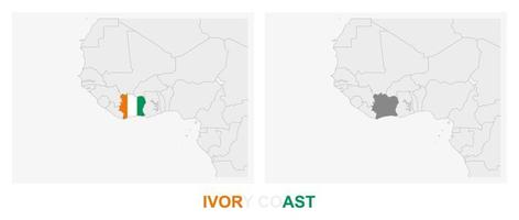 Two versions of the map of Ivory Coast, with the flag of Ivory Coast and highlighted in dark grey. vector