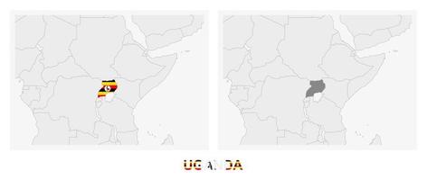 dos versiones del mapa de uganda, con la bandera de uganda y resaltada en gris oscuro. vector