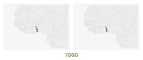 Two versions of the map of Togo, with the flag of Togo and highlighted in dark grey. vector