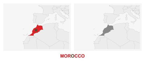 Two versions of the map of Morocco, with the flag of Morocco and highlighted in dark grey. vector