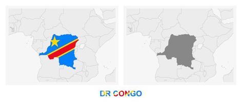 Two versions of the map of DR Congo, with the flag of DR Congo and highlighted in dark grey. vector