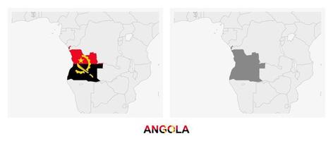 Two versions of the map of Angola, with the flag of Angola and highlighted in dark grey. vector