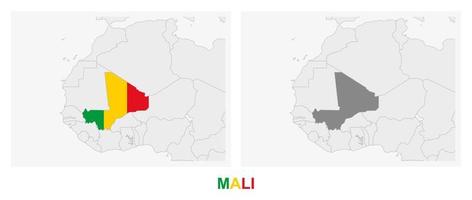 Two versions of the map of Mali, with the flag of Mali and highlighted in dark grey. vector