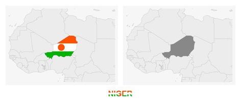 Two versions of the map of Niger, with the flag of Niger and highlighted in dark grey. vector