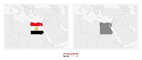 Two versions of the map of Egypt, with the flag of Egypt and highlighted in dark grey. vector