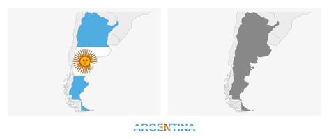 Two versions of the map of Argentina, with the flag of Argentina and highlighted in dark grey. vector