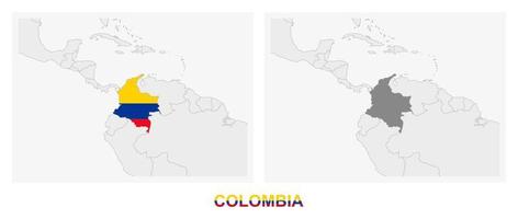 Two versions of the map of Colombia, with the flag of Colombia and highlighted in dark grey. vector