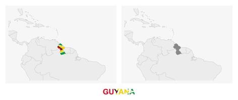 Two versions of the map of Guyana, with the flag of Guyana and highlighted in dark grey. vector