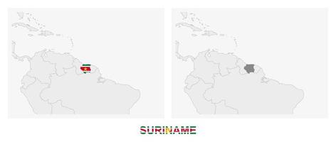 Two versions of the map of Suriname, with the flag of Suriname and highlighted in dark grey. vector