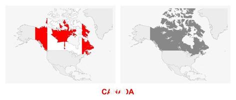 Two versions of the map of Canada, with the flag of Canada and highlighted in dark grey. vector