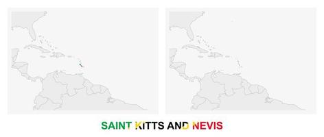 Two versions of the map of Saint Kitts and Nevis, with the flag of Saint Kitts and Nevis and highlighted in dark grey. vector