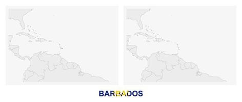 Two versions of the map of Barbados, with the flag of Barbados and highlighted in dark grey. vector