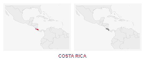 Two versions of the map of Costa Rica, with the flag of Costa Rica and highlighted in dark grey. vector