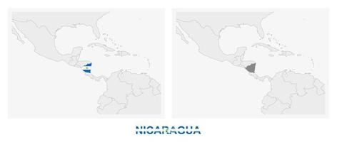 Two versions of the map of Nicaragua, with the flag of Nicaragua and highlighted in dark grey. vector