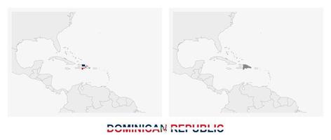 Two versions of the map of Dominican Republic, with the flag of Dominican Republic and highlighted in dark grey. vector