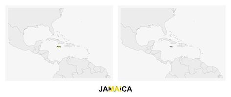 Two versions of the map of Jamaica, with the flag of Jamaica and highlighted in dark grey. vector
