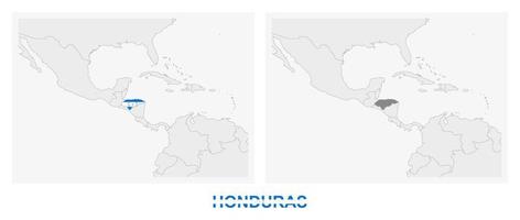 Two versions of the map of Honduras, with the flag of Honduras and highlighted in dark grey. vector