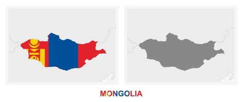 dos versiones del mapa de mongolia, con la bandera de mongolia y resaltada en gris oscuro. vector