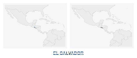 Two versions of the map of El Salvador, with the flag of El Salvador and highlighted in dark grey. vector