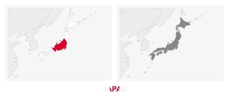 dos versiones del mapa de japón, con la bandera de japón y resaltada en gris oscuro. vector