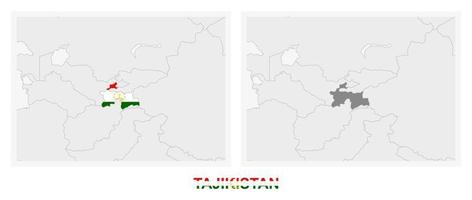 dos versiones del mapa de tayikistán, con la bandera de tayikistán y resaltada en gris oscuro. vector