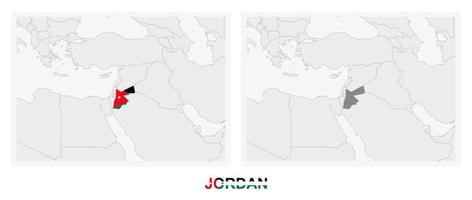 dos versiones del mapa de jordania, con la bandera de jordania y resaltada en gris oscuro. vector