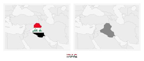 Two versions of the map of Iraq, with the flag of Iraq and highlighted in dark grey. vector