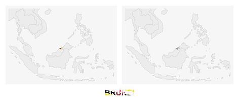 Two versions of the map of Brunei, with the flag of Brunei and highlighted in dark grey. vector