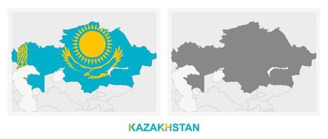 Two versions of the map of Kazakhstan, with the flag of Kazakhstan and highlighted in dark grey. vector